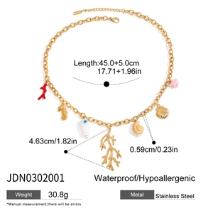 Detailed specs of gold stainless steel necklace with coral and shell charms showing dimensions