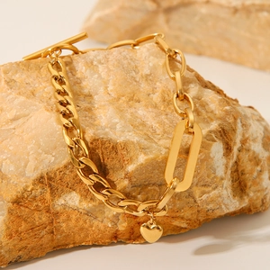 18K gold plated stainless steel Cuban and paperclip chain bracelet with heart charm