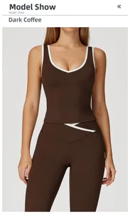 Detailed view of dark brown sports top and high-waisted leggings with white V-waist trim