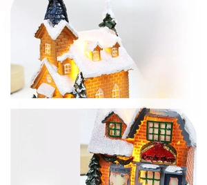 Detailed view of glowing resin Christmas candy shop with warm LED light and snow details