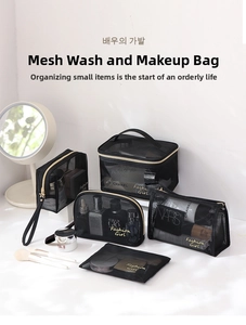 Detail of 5-piece black mesh toiletry bag set with gold zippers and Fashion Girl logo