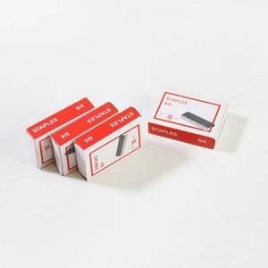Premium 6/4 silver metal staples in red and white box packaging for office use