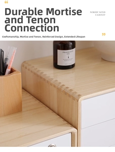 Detail of the dovetail joint and rounded corners on a Nordic wooden storage cabinet