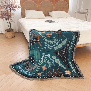 Bohemian mermaid ocean woven throw blanket with colorful tassels for bed or camping sofa