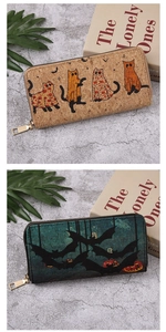 Detail of eco-friendly cork long wallets featuring Halloween pumpkin and bat patterns