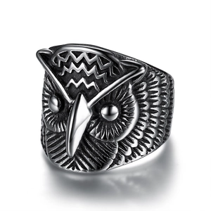 Vintage owl embossed stainless steel punk ring for men with retro silver and black tones