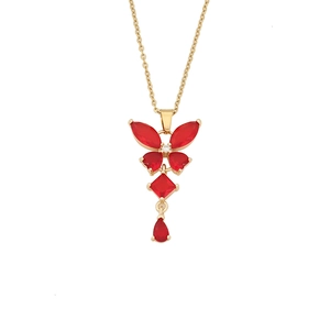 Elegant gold butterfly pendant necklace with red zircon tassels and a white crystal accent