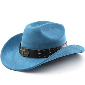 Blauer Western Cowboyhut aus Wildlederimitat mit Stierkopf-Schnalle und Nietendekor