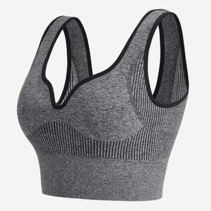 Seamless charcoal grey knit sports bra with ribbed support and racerback design