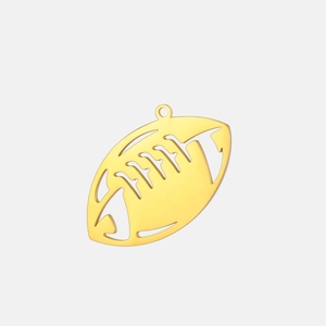Detailed view of a golden stainless steel hollow rugby pendant with intricate line work