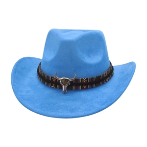 Classic bright blue felt cowboy hat with ethnic braided band and vintage silver bull head
