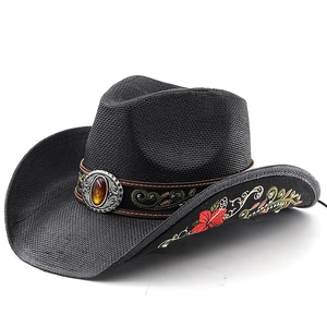Black straw cowboy hat with floral embroidery and amber gemstone leather band accent