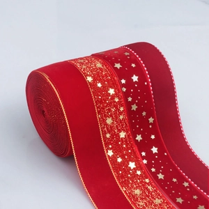 Red Velvet Ribbon Gold Foil Stars Edge Christmas Decorative Webbing For DIY Bows Gift Packaging New Year Party