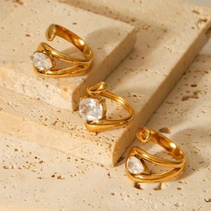 Elegant gold-plated stainless steel open rings with teardrop and square zircon stones