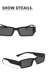 Detail view of vintage rectangle sunglasses featuring matte black frames and dark lenses