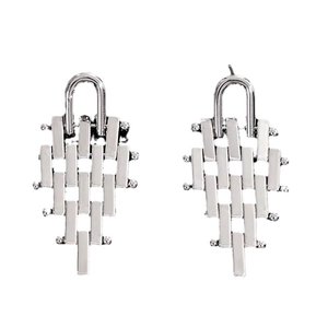 Minimalist silver geometric earrings with layered rectangular blocks in a modern design