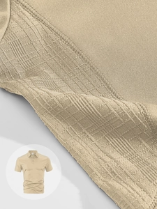 Dettaglio macro della trama in maglia traspirante e del tessuto della polo da uomo color kaki