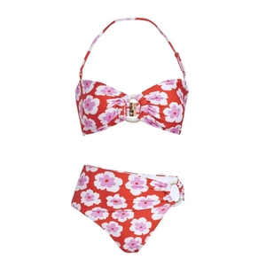 Ensemble bikini rouge à fleurs, haut licou, taille haute et anneaux dorés décoratifs