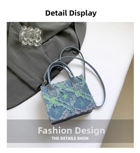 Detailed shot of denim checkered tote bag featuring star pattern and frayed edge fringe