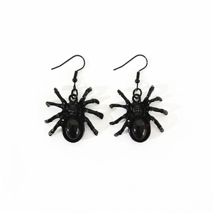 Gothic black spider hook earrings with red crystal stone centers on white background
