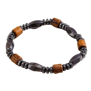 Men's stylish wood and hematite bead bracelet with grey metallic and brown wooden beads