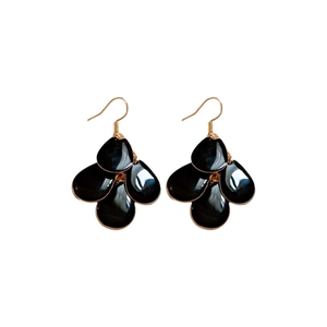 Fashionable black teardrop tassel earrings with gold hooks for women in minimalist style