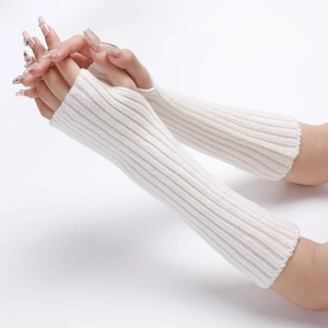 Close-up of white ribbed knit long arm warmers with fingerless design for winter