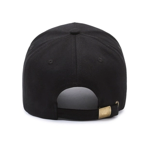 Rear view of black cotton baseball cap with adjustable retro metal buckle strap