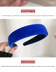 Detail of blue velvet wide headband showing soft sponge padding and smooth edge craft