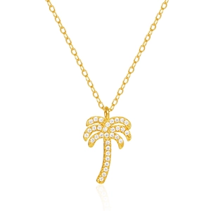 Elegant gold S925 sterling silver palm tree pendant necklace with shimmering white zircons