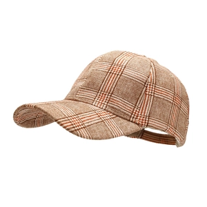 Classic vintage plaid baseball cap with adjustable strap and curved brim in brown checkered wool