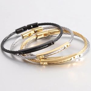 Edelstahl Kabeldraht Armreif Industrieller Geflochtener Seil Armband Polierte Metallplatte Nieten Mechanischer Verschluss Unisex