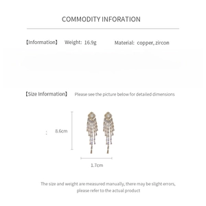 Detail chart of geometric tassel earrings showing 8.6cm length and copper zircon specs