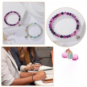 Purple agate and pink zebra stone ladybug charm bracelets set for women