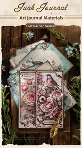 Close-up of vintage Lost Garden scrapbooking paper with floral and bird motifs