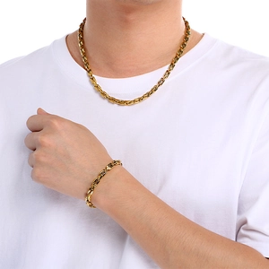 Men's gold square link necklace and bracelet set in minimalist stainless steel hip-hop style