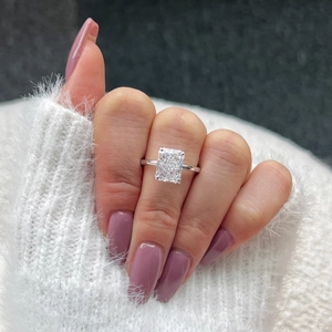 Macro shot of 5 carat emerald cut cubic zirconia set in S925 sterling silver ring