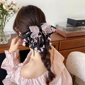 Large Chiffon Bow Hair Claw Clip With Long Streamers Floral Polka Dot Organza French Style Elegant Hair Accessory Women