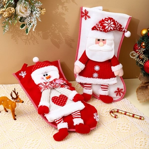 Knitted Christmas Stocking With 3D Santa Snowman Plush Felt Hanging Gift Bag Candy Pouch Holiday Party Home Decor