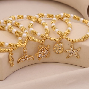 Ocean Theme Beaded Bracelet For Women With Copper Zircon Imitation Artificial Pearl Charm Sea Turtle Fish Tail Starfish Seahorse