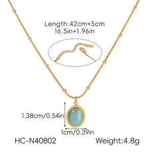 Detailed view of blue cat eye stone necklace with gold stainless steel chain measurements