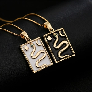 Snake Totem Rectangular Pendant Necklace Copper 18K Gold Plated Enamel Sun Moon Star Zircon Clavicle Chain For Women
