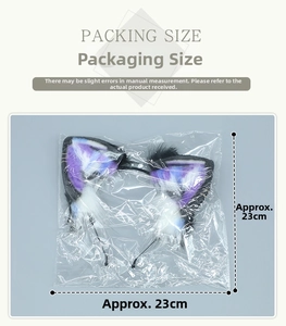 Detail view of plush cat ear headband packaging showing 23cm by 23cm dimensions