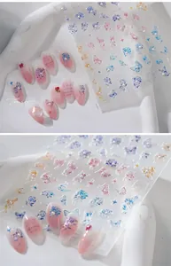 Macro detail of 3D rose and butterfly nail art stickers with delicate pearl embellishments