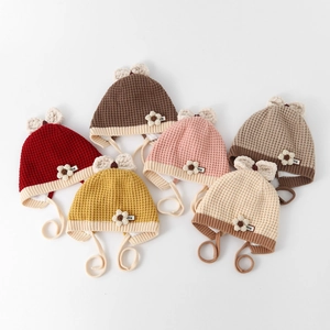 Thick knit baby earflap hats with flower and bear ears in six assorted colors