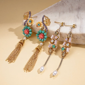 Boucles d'oreilles fleur à pampilles en zircon et bijoux chaîne longue en cristal