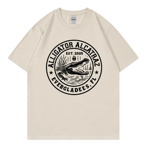 Men's apricot crew neck T-shirt featuring retro Alligator Alcatraz graphic print