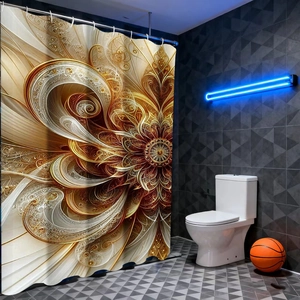Detailed golden fractal mandala floral shower curtain with white hanging rings