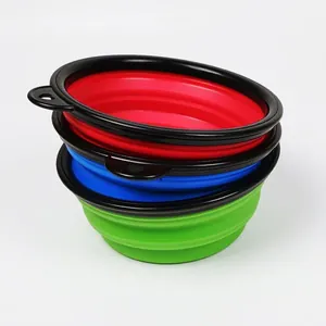 Portable collapsible silicone pet bowls in red blue and green for outdoor travel use