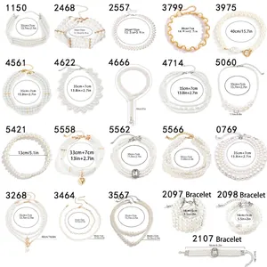 Size chart showing multi-layer faux pearl necklaces and bracelets with length in cm and inch